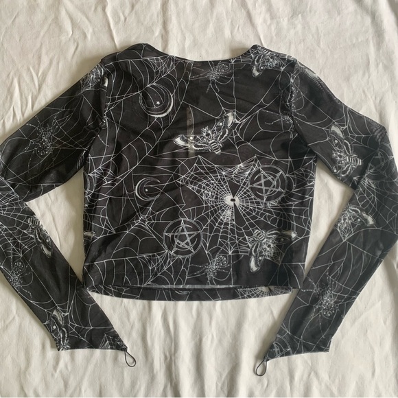 ASOS Top Black Sheer Cropped Long Sleeve Spider Web Moth Print Gothic Trad Goth - Picture 6 of 14